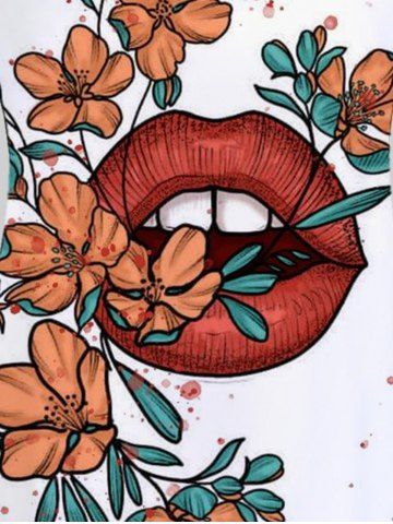Plus Size Lips Flower Printed Two Tone T Shirt