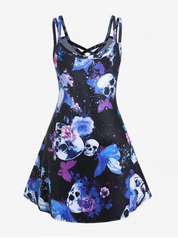 Plus Size Crisscross Butterfly Skull Print Gothic Dress