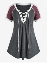Plus Size Lace Up Colorblock Tunic T Shirt -  
