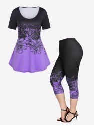 Colorblock Floral Print Tee and Skinny Capri Leggings Plus Size Summer Outfit -  