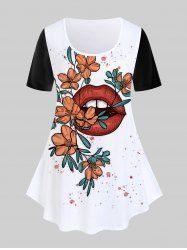 T-shirt Bicolore à Imprimé Lèvre Fleur de Grande Taille - Blanc M | US 10