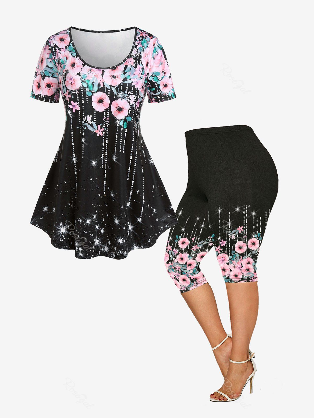 Online Floral Starlight Print T-shirt and Starlight Floral Print Capri Leggings Plus Size Summer Outfit  