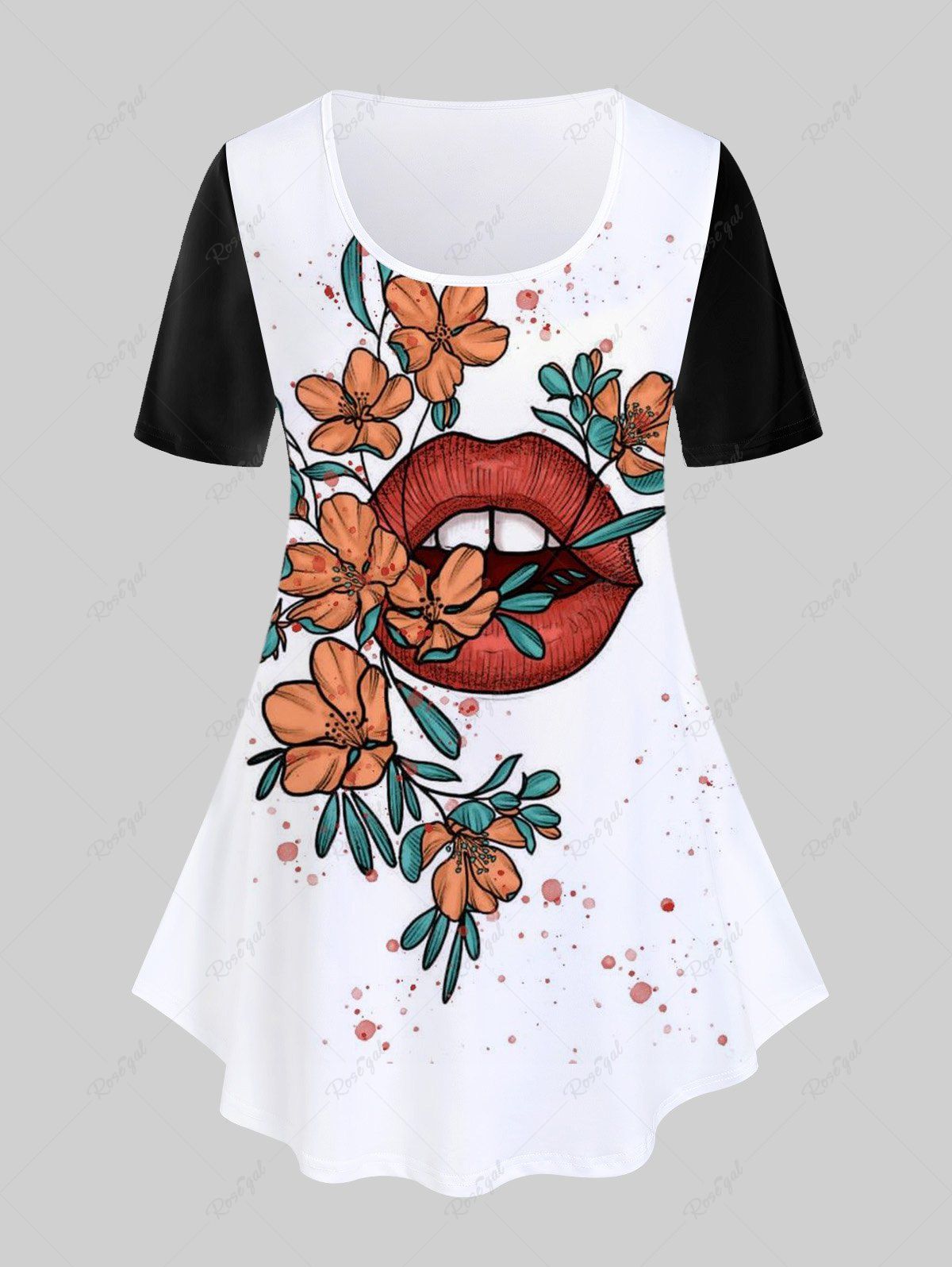 Shop Plus Size Lips Flower Printed Two Tone T Shirt  