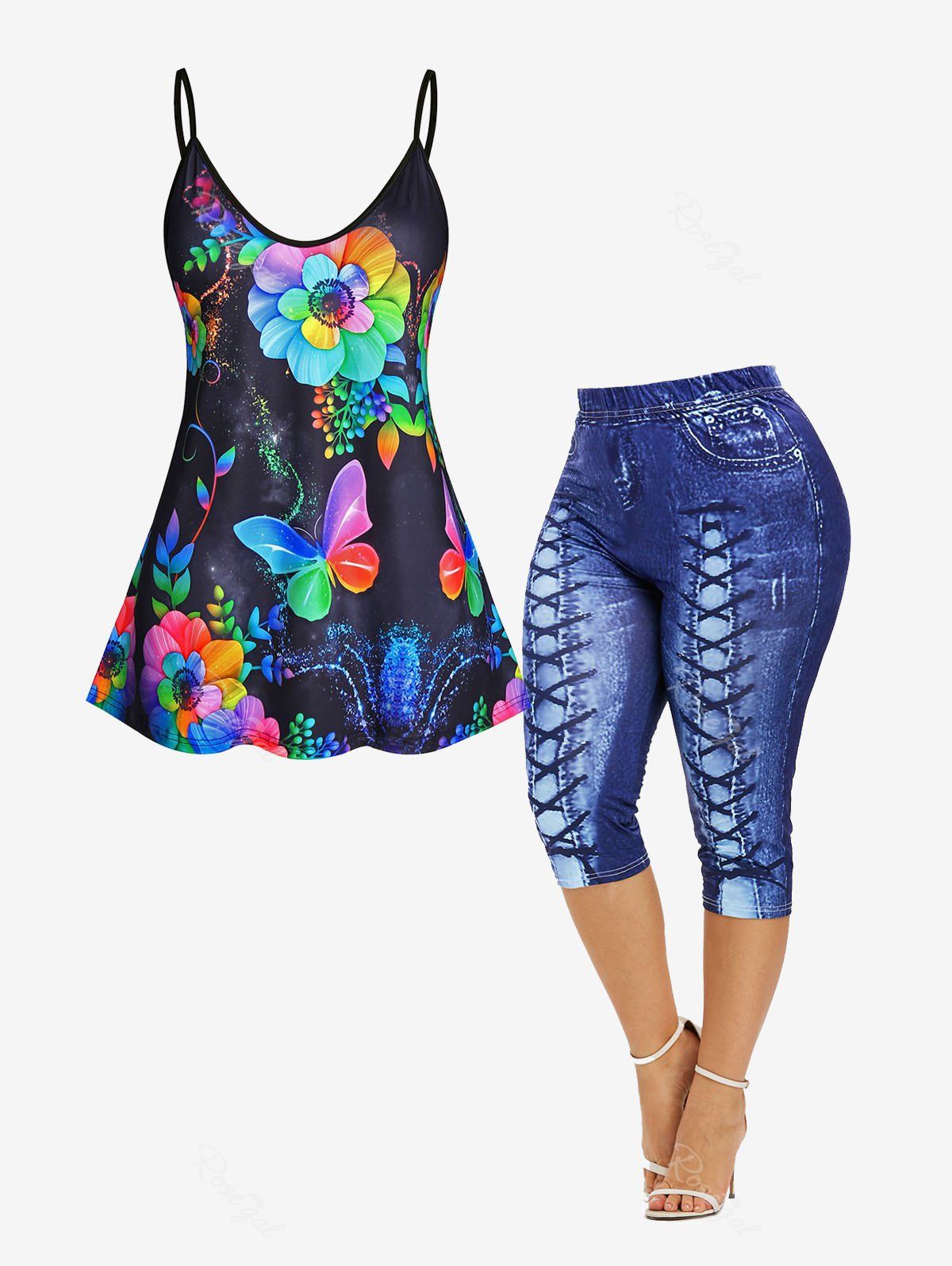 Best Rainbow Floral Butterfly Print Cami Top and 3D Lace Up Jean Print Capri Leggings Plus Size Summer Outfit  