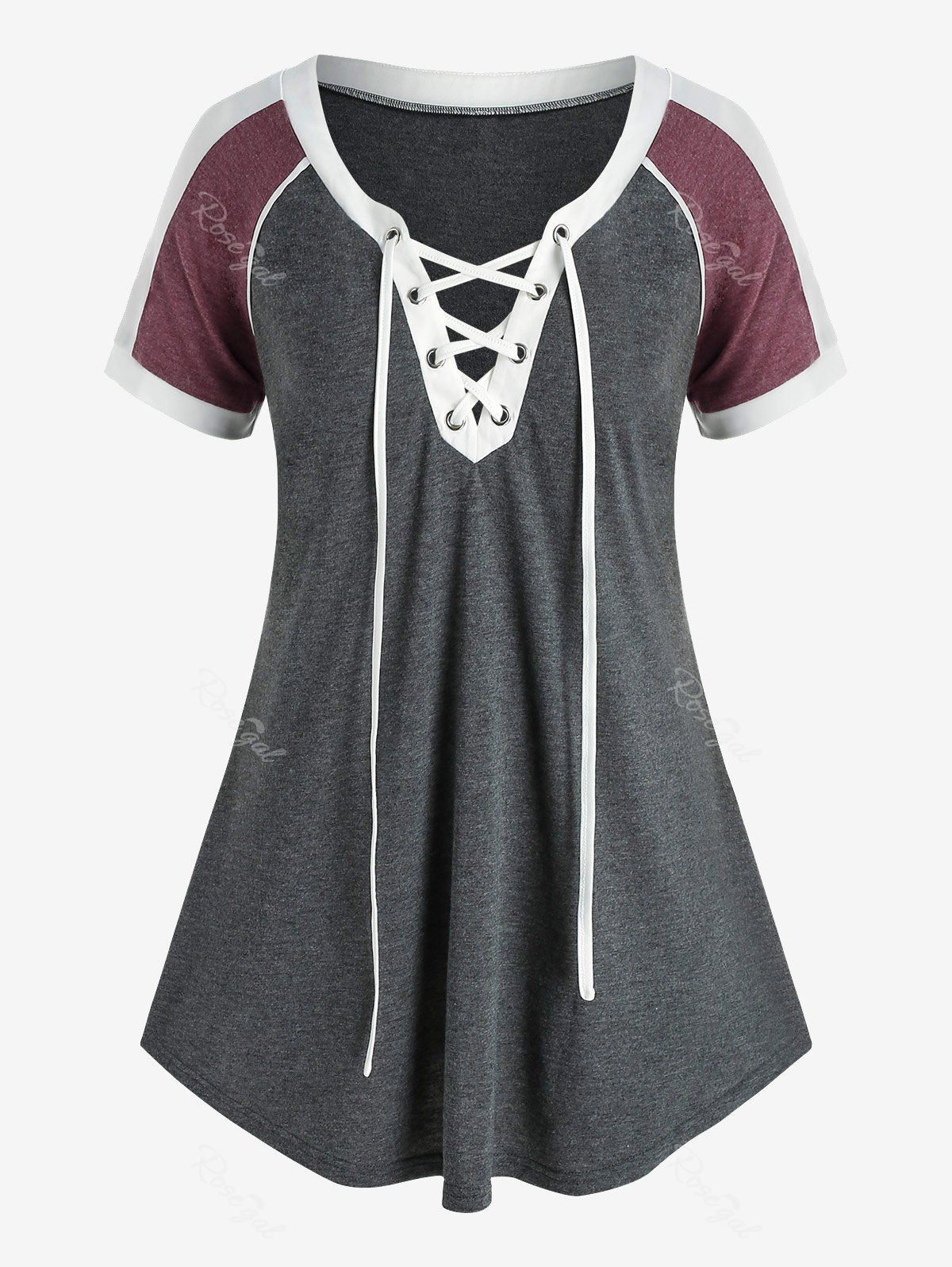 Sale Plus Size Lace Up Colorblock Tunic T Shirt  