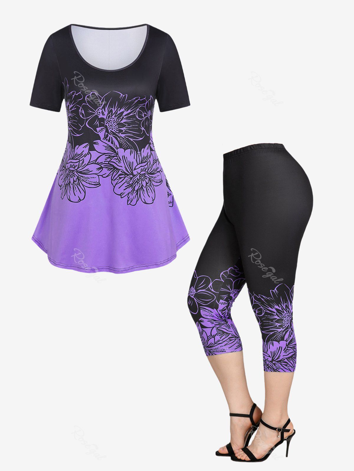 Outfits Colorblock Floral Print Tee and Skinny Capri Leggings Plus Size Summer Outfit  