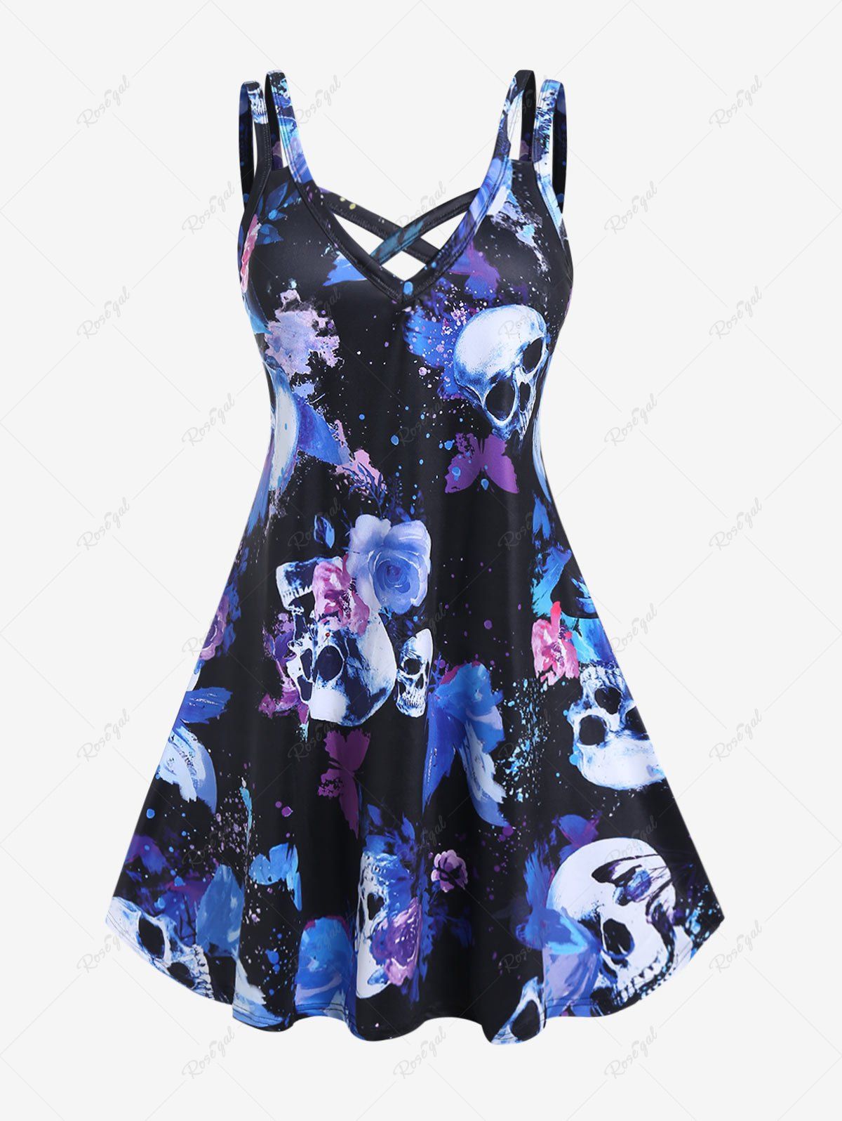 Shop Plus Size Crisscross Butterfly Skull Print Gothic Dress  