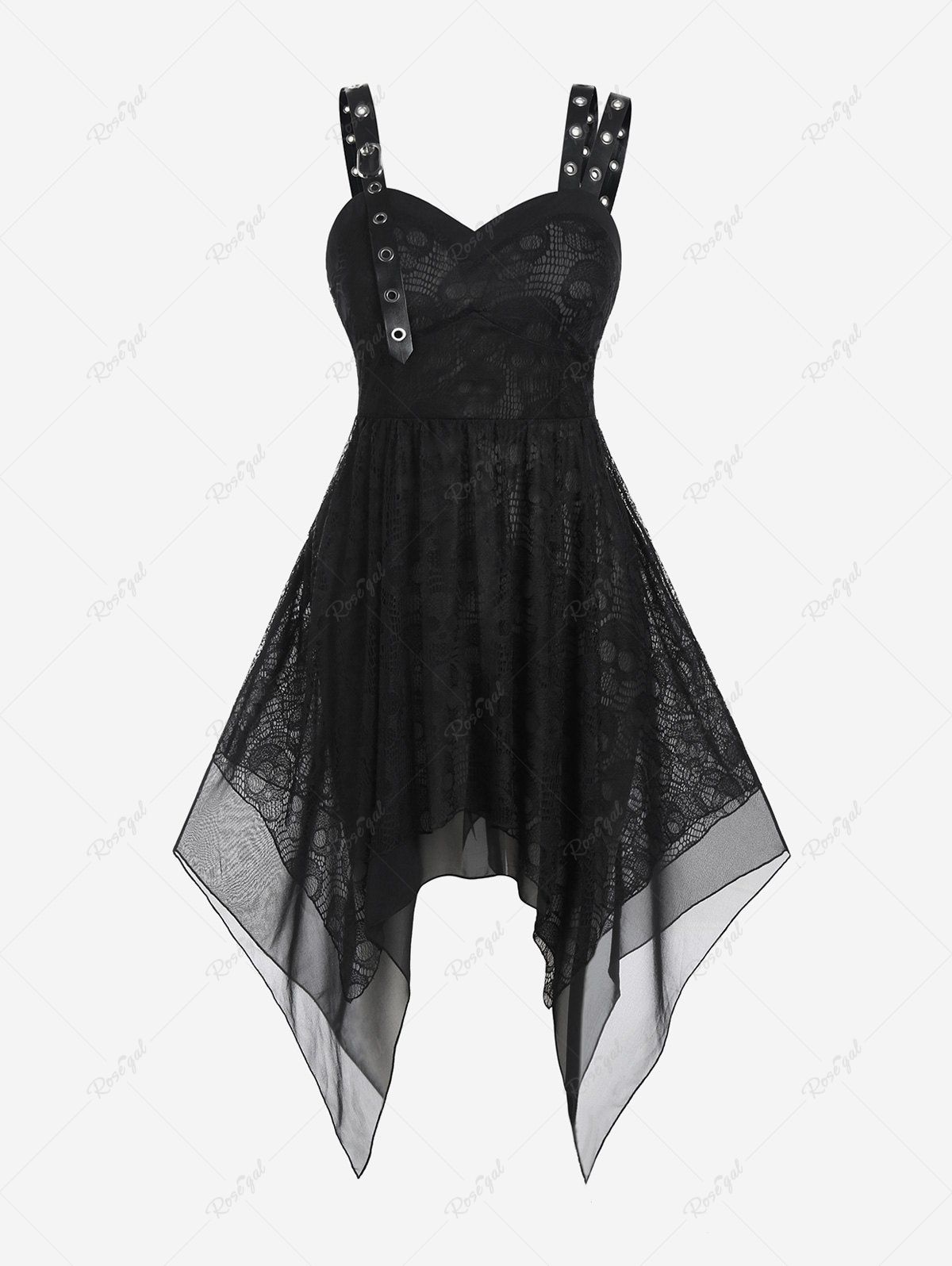 Unique Plus Size Buckle Straps Grommets Handkerchief Gothic Midi Dress  