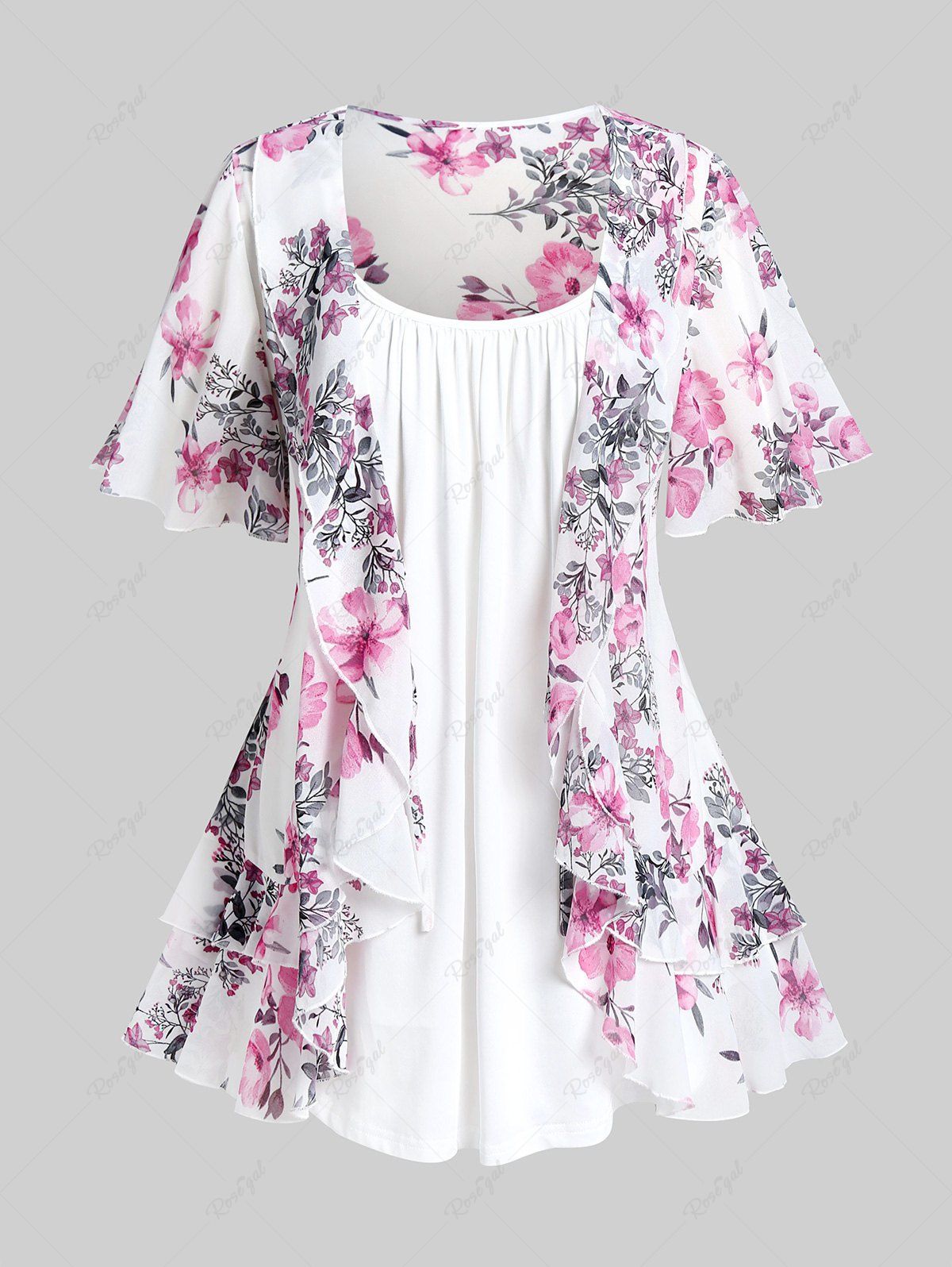 Trendy Plus Size Ruffle Floral Print Blouse and Tank Top Set  