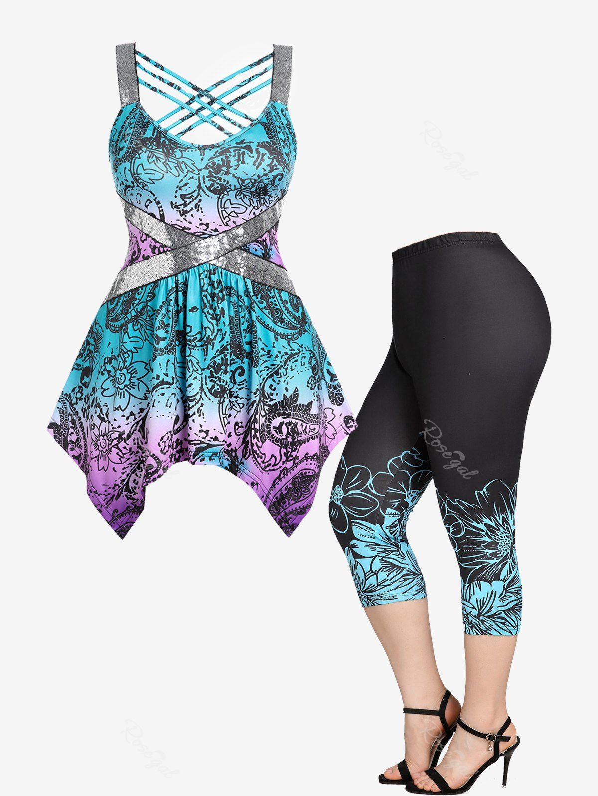 Shops Crisscross Paisley Sequin Handkerchief Tank Top and Leggings Plus Size Summer Outfit  