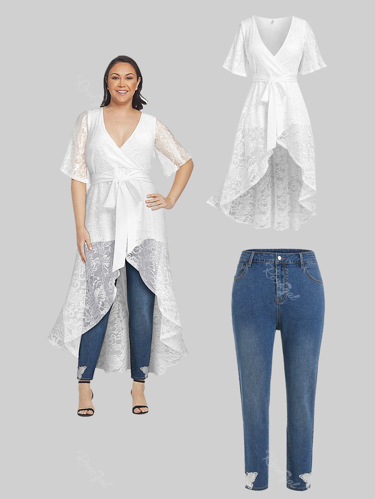 Unique Plunge Lace High Low Longline Top and Lace Butterfly Jeans Plus Size Summer Outfit  