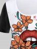 Plus Size Lips Flower Printed Two Tone T Shirt -  