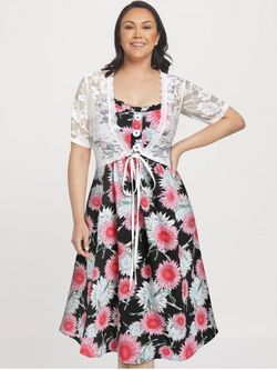 Plus Size Boho Floral Print Cami Dress and Lace Top Set - BLACK - 4X