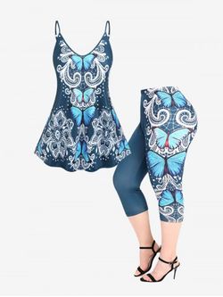 Butterfly Tribal Print Tank Top and Ombre Color Leggings Plus Size Summer Outfit - BLUE