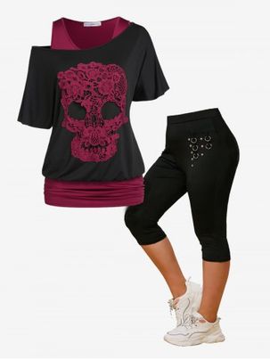 Gothic Skew Neck Skull Lace Tee and Ruched Top Set and Studded Capri Leggings Plus Size Summer Outfit