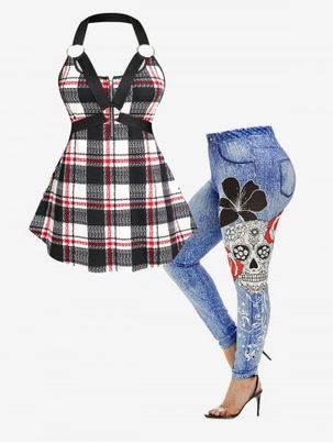 O Ring Harness Plaid Backless Tank Top and 3D Skull Jeggings Plus Size Summer Gothic Outfit