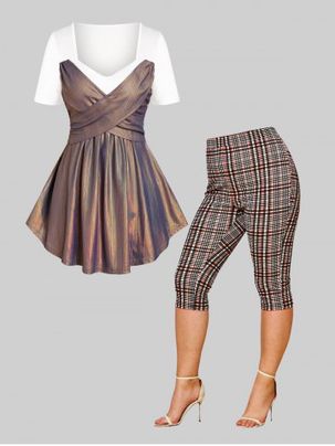 Metallic Crossover T-shirt and Plaid High Rise Crop Leggings Plus Size Summer Outfit