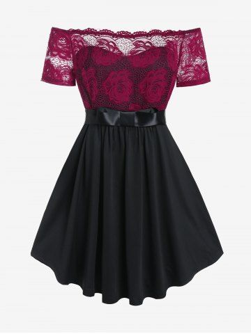 Plus Size Off The Shoulder Rose Lace Skirted Blouse - BLACK - M | US 10