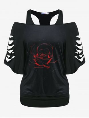 Plus Size Off Shoulder Rose Print Ripped Tee and Racerback Tank Top Set