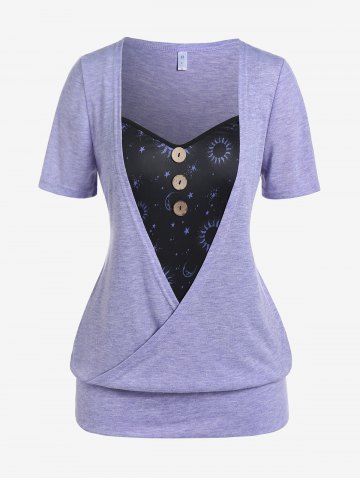 T-shirt à Imprimé Soleil Lune en Blocs de Couleurs avec Boutons de Grande Taille - LIGHT PURPLE - 4X | US 26-28