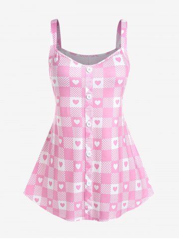 Plus Size Heart Print Colorblock Tunic Tank Top with Buttons - Light Pink - L | Us 12