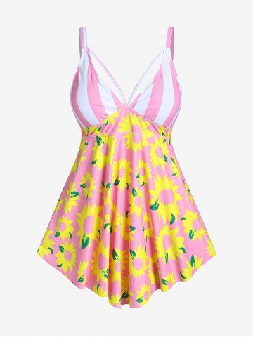 Plus Size Sunflower Print Striped High Waist Modest Tankini Swimsuit - LIGHT PINK - 1X