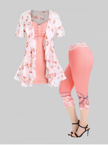 Floral Tie Blouse and Cami Top Set and High Waist 3D Print Capri Skinny Leggings Plus Size Summer Outfit - LIGHT PINK