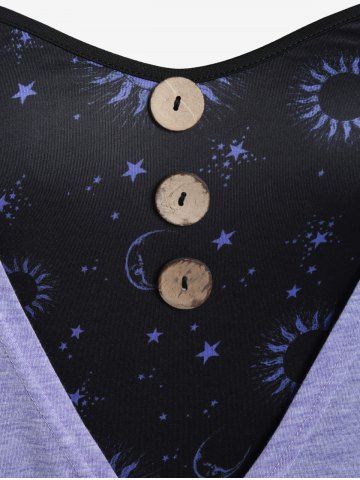 Plus Size Colorblock Moon Sun Printed Blouson Tee with Buttons