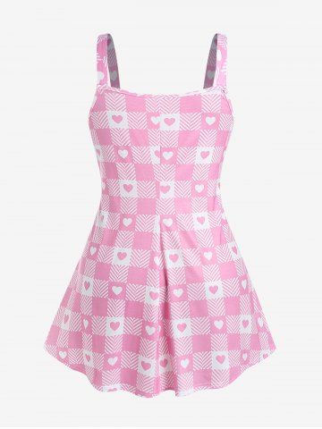 Plus Size Heart Print Colorblock Tunic Tank Top with Buttons