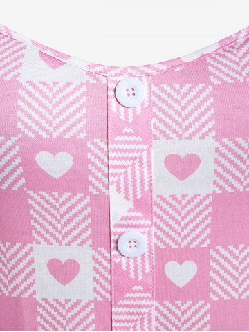 Plus Size Heart Print Colorblock Tunic Tank Top with Buttons