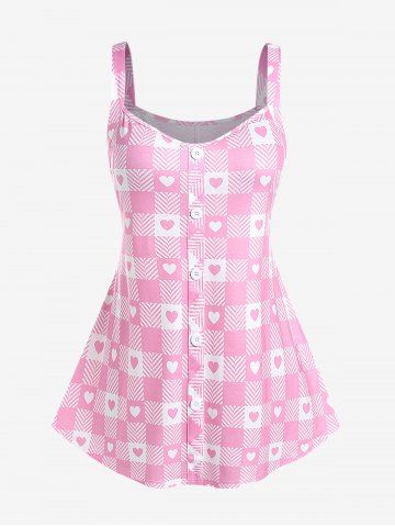 Plus Size Heart Print Colorblock Tunic Tank Top with Buttons