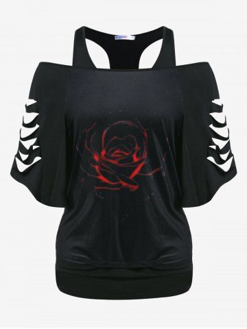 Plus Size Off Shoulder Rose Print Ripped Tee and Racerback Tank Top Set - BLACK - M | US 10