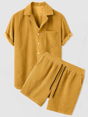 Corduroy Casual Shirt and Shorts Set - DEEP YELLOW - L
