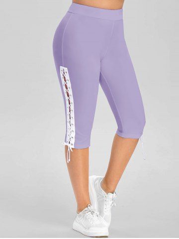 Plus Size Eyelet Lace Up Cropped Leggings - PURPLE - 4X