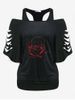 Plus Size Off Shoulder Rose Print Ripped Tee and Racerback Tank Top Set -  