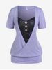 Plus Size Colorblock Moon Sun Printed Blouson Tee with Buttons -  