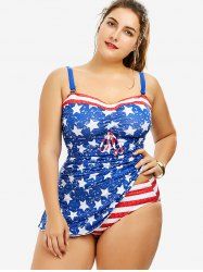 Plus Size Padded American Flag Patriotic Tankini Swimsuit with Bowknot -  