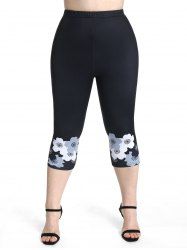 Plus Size High Waist Floral Print Skinny Capri Leggings -  