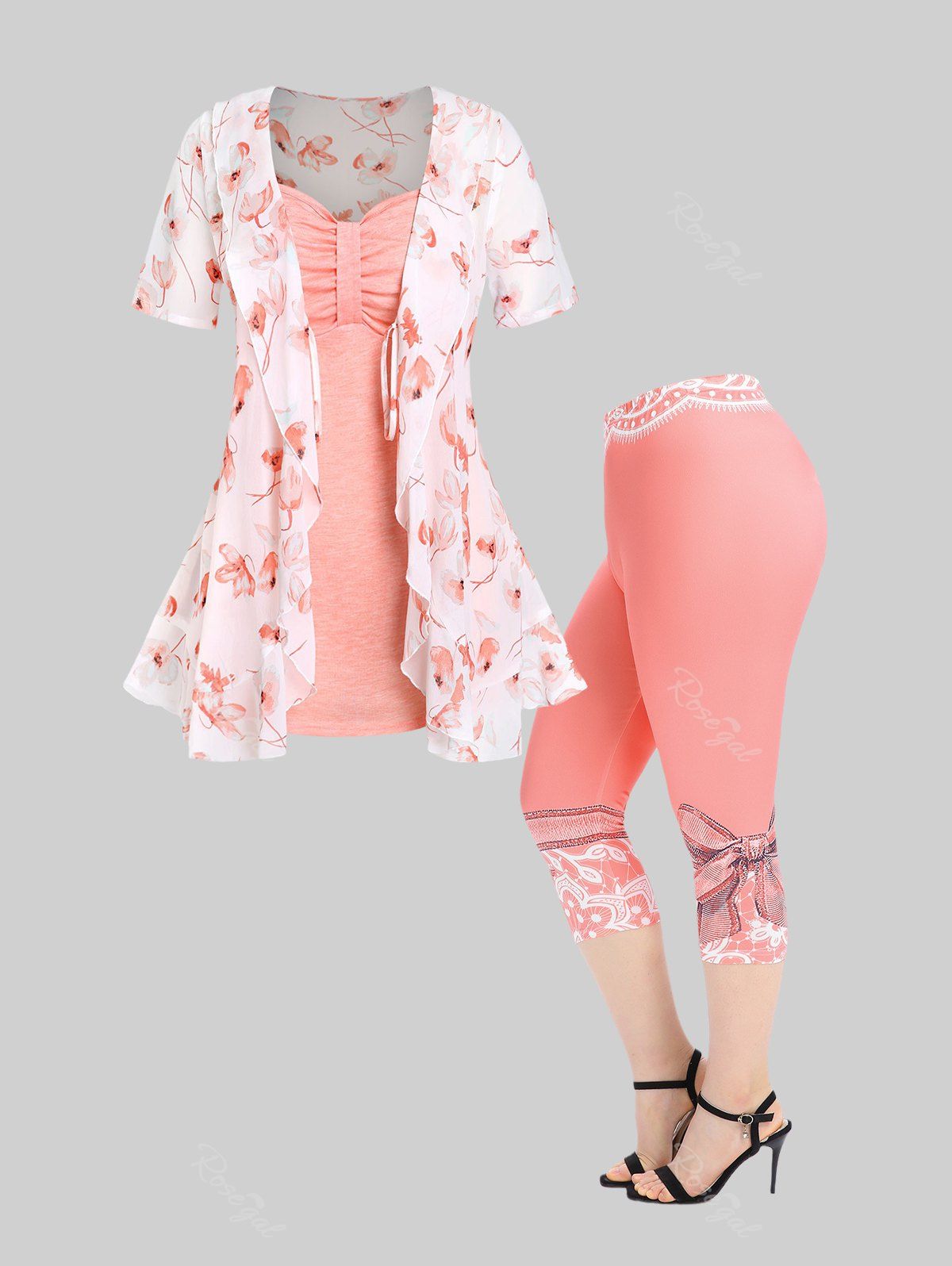 Online Floral Tie Blouse and Cami Top Set and High Waist 3D Print Capri Skinny Leggings Plus Size Summer Outfit  