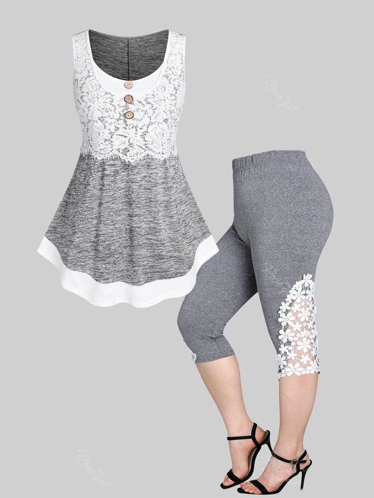 New Lace Panel Buttons Space Dye Tank Top and Leggings Plus Size Summer Outfit  
