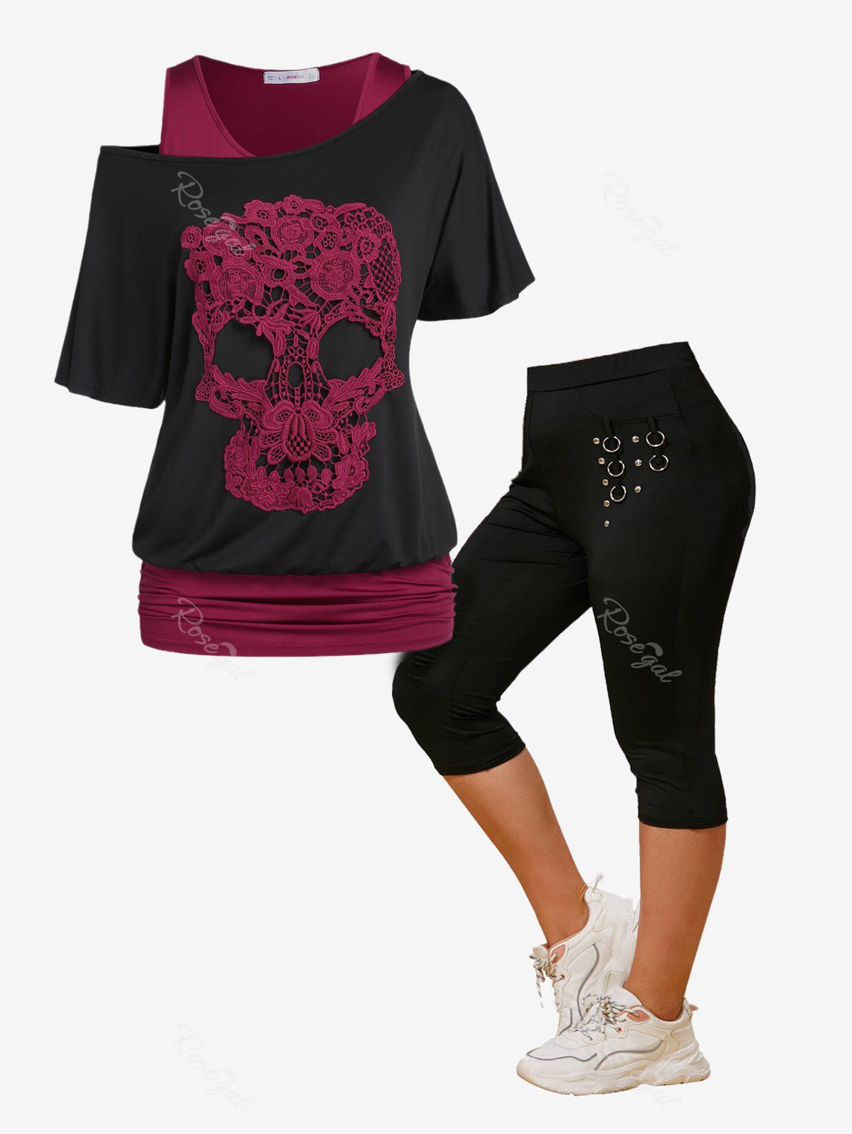 Store Gothic Skew Neck Skull Lace Tee and Ruched Top Set and Studded Capri Leggings Plus Size Summer Outfit  