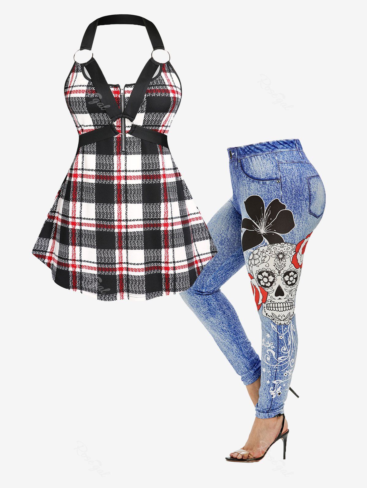Sale O Ring Harness Plaid Backless Tank Top and 3D Skull Jeggings Plus Size Summer Gothic Outfit  