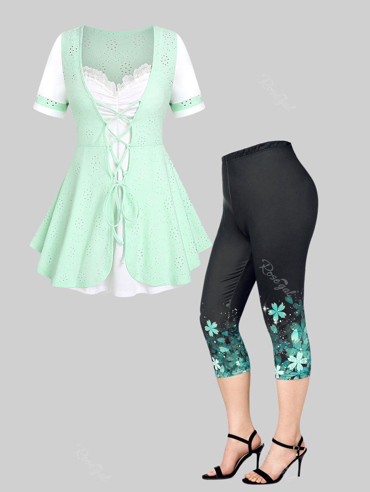Online Lace Up Ruched 2 In 1 Tee and Floral Capri Leggings Plus Size Summer Outfit  