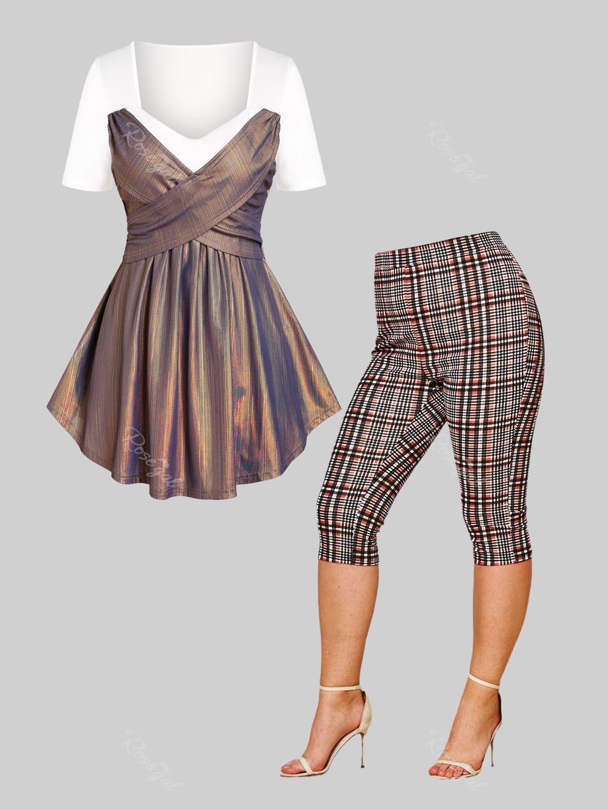 Sale Metallic Crossover T-shirt and Plaid High Rise Crop Leggings Plus Size Summer Outfit  