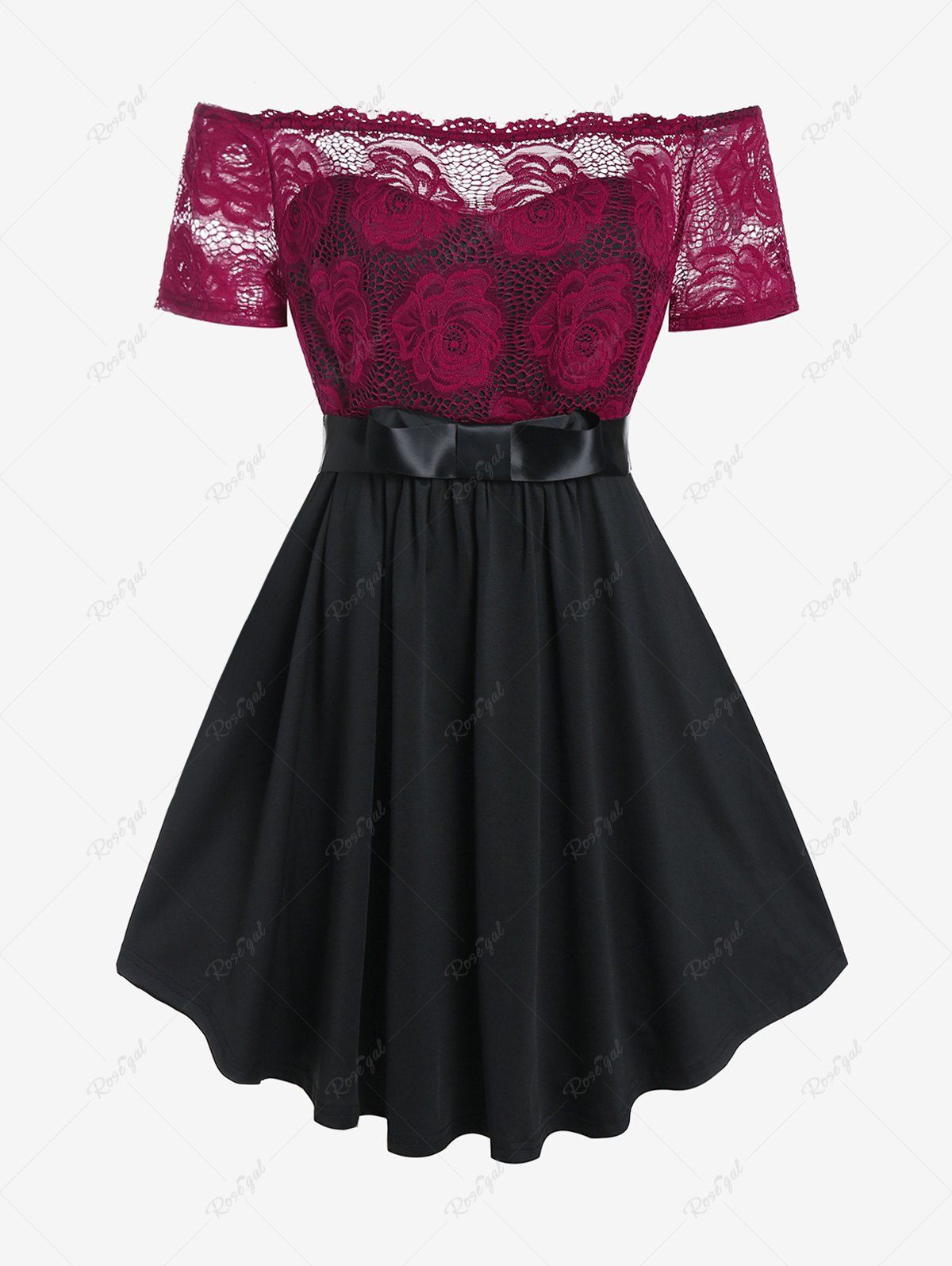 Trendy Plus Size Off The Shoulder Rose Lace Skirted Blouse  