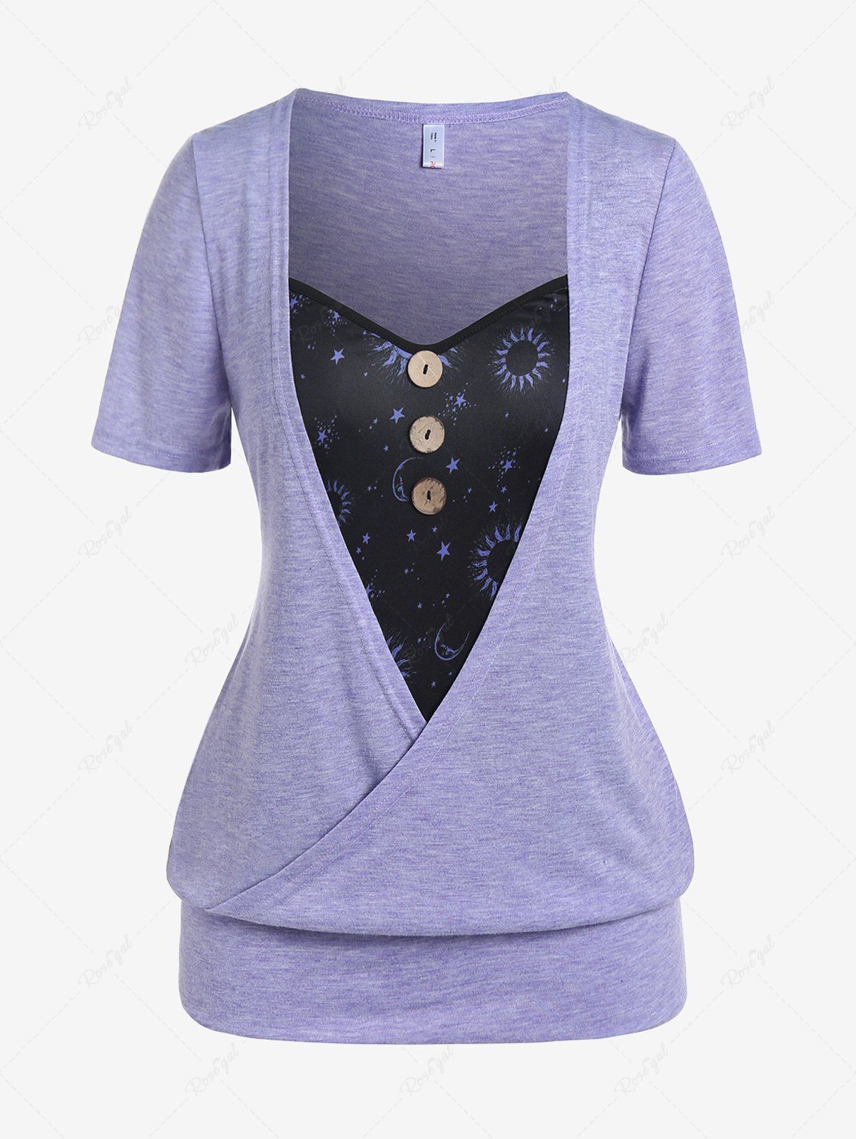 Fancy Plus Size Colorblock Moon Sun Printed Blouson Tee with Buttons  