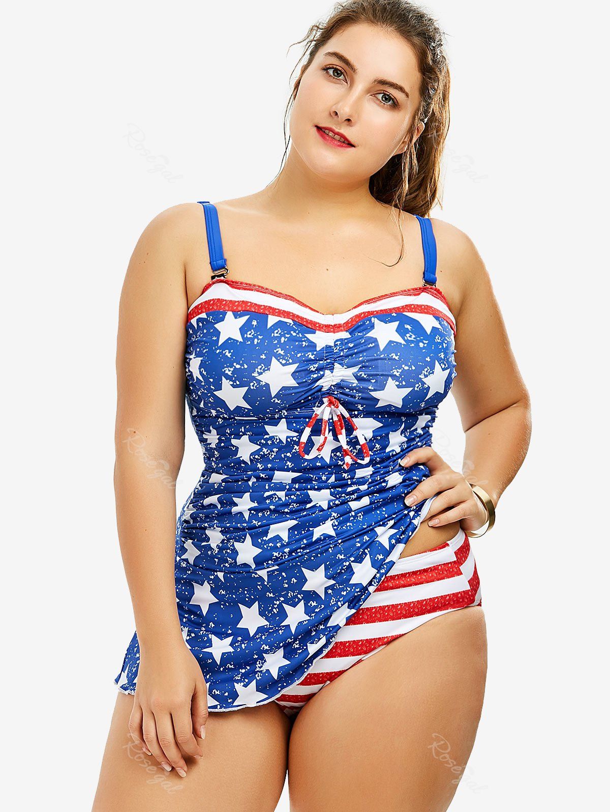 Hot Plus Size Padded American Flag Patriotic Tankini Swimsuit with Bowknot  