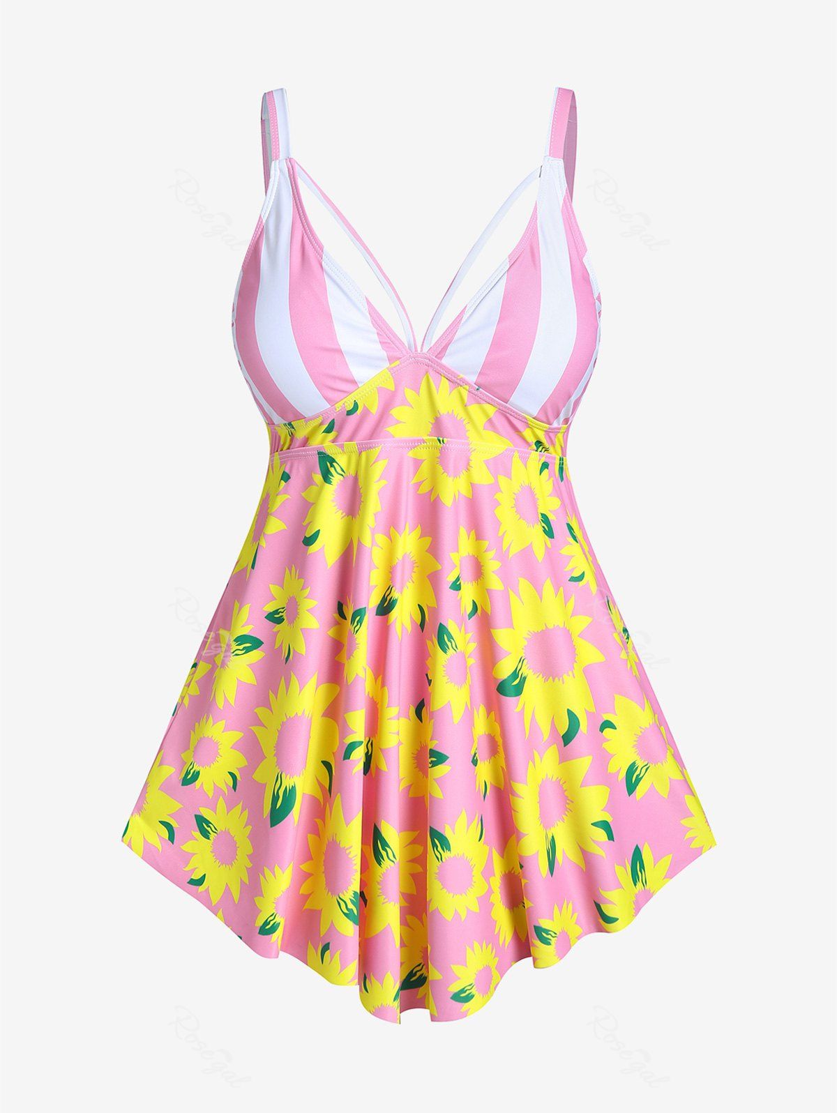 Shop Plus Size Sunflower Print Striped High Waist Modest Tankini Swimsuit  