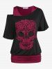 Gothic Skew Neck Skull Lace Tee and Ruched Top Set and Studded Capri Leggings Plus Size Summer Outfit -  