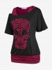 Gothic Skew Neck Skull Lace Tee and Ruched Top Set and Studded Capri Leggings Plus Size Summer Outfit -  